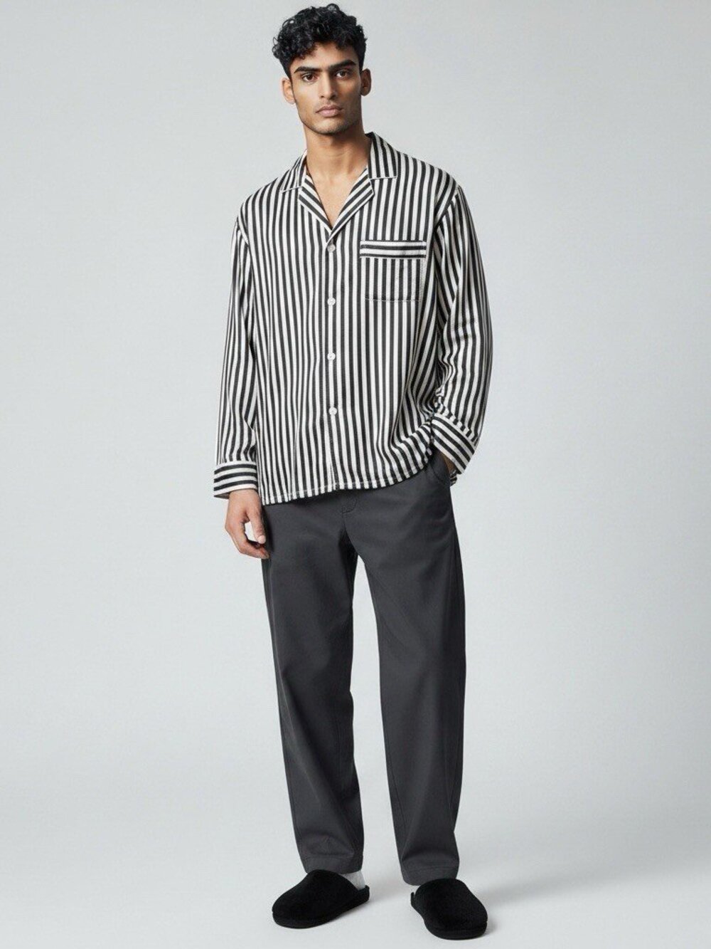 Petite Plume Men's Silk Pajama Top L Large Bengal Stripe Black and White Satin